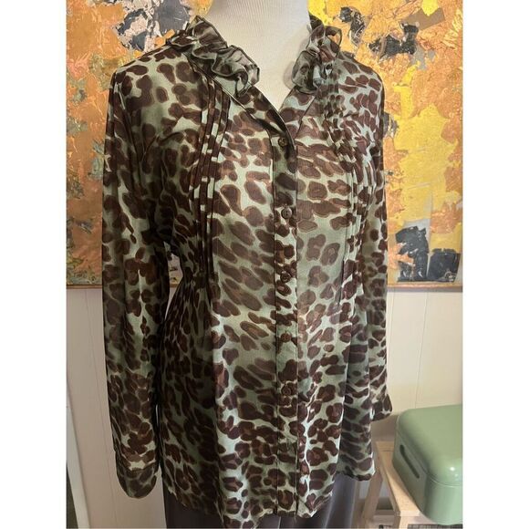 Perch Sheer Animal Print Green Tie Back Blouse W/ Ruffles 2x - Picture 1 of 8